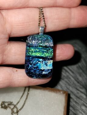 Dichroic Glass Pendant Necklace - Iridescent Blue-Green